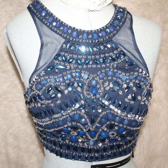 Sequin Hearts Tops - Blue Jeweled HALTER TOP Size 3 BY SEQUIN HEARTS USED FOR PHOTO SHOOTS